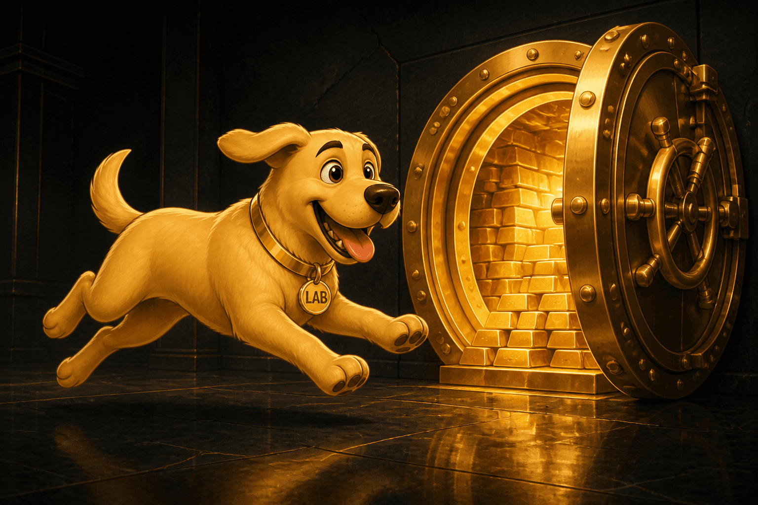Golden Retriever running toward an open gold vault