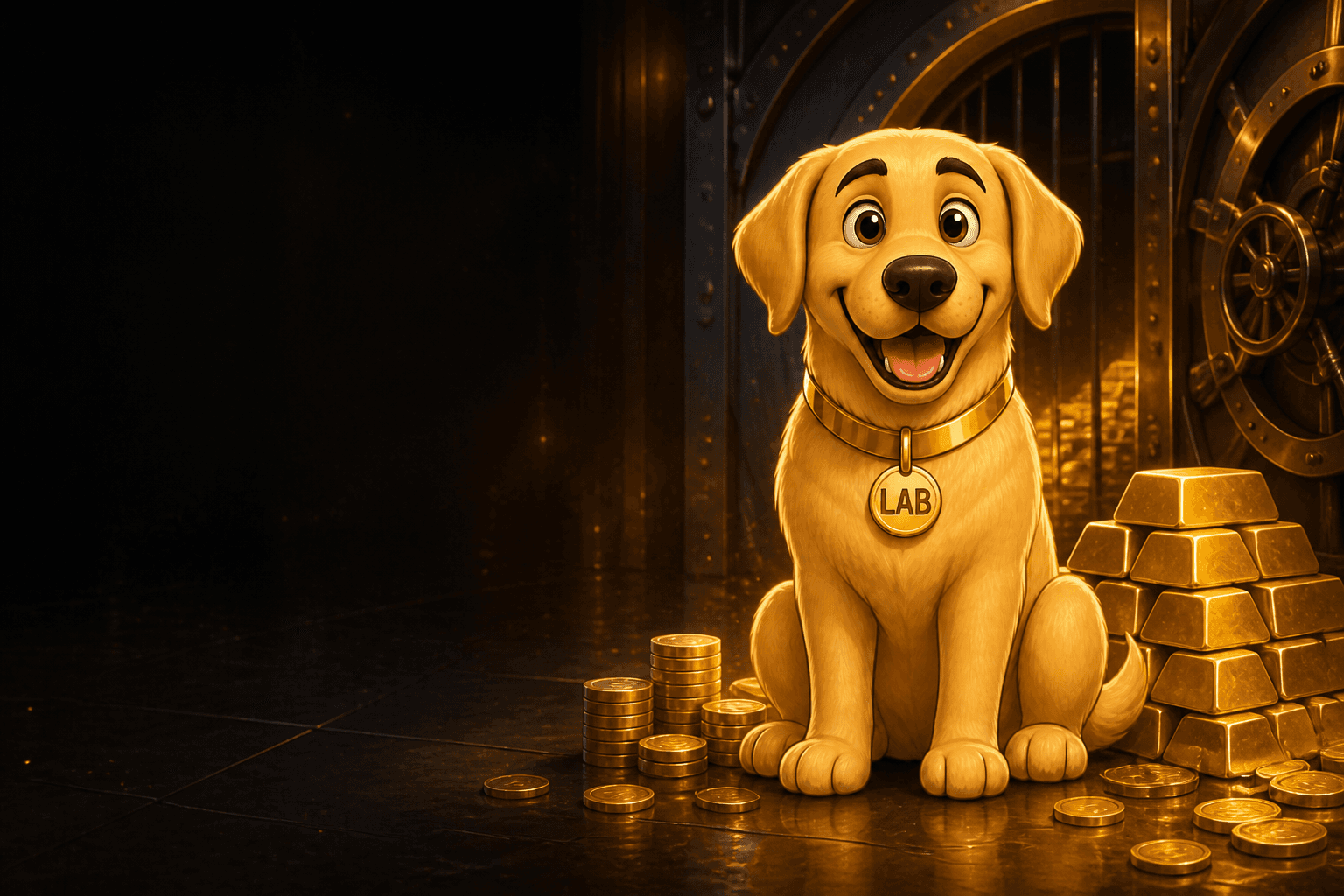 Golden Retriever beside gold bars in a vault